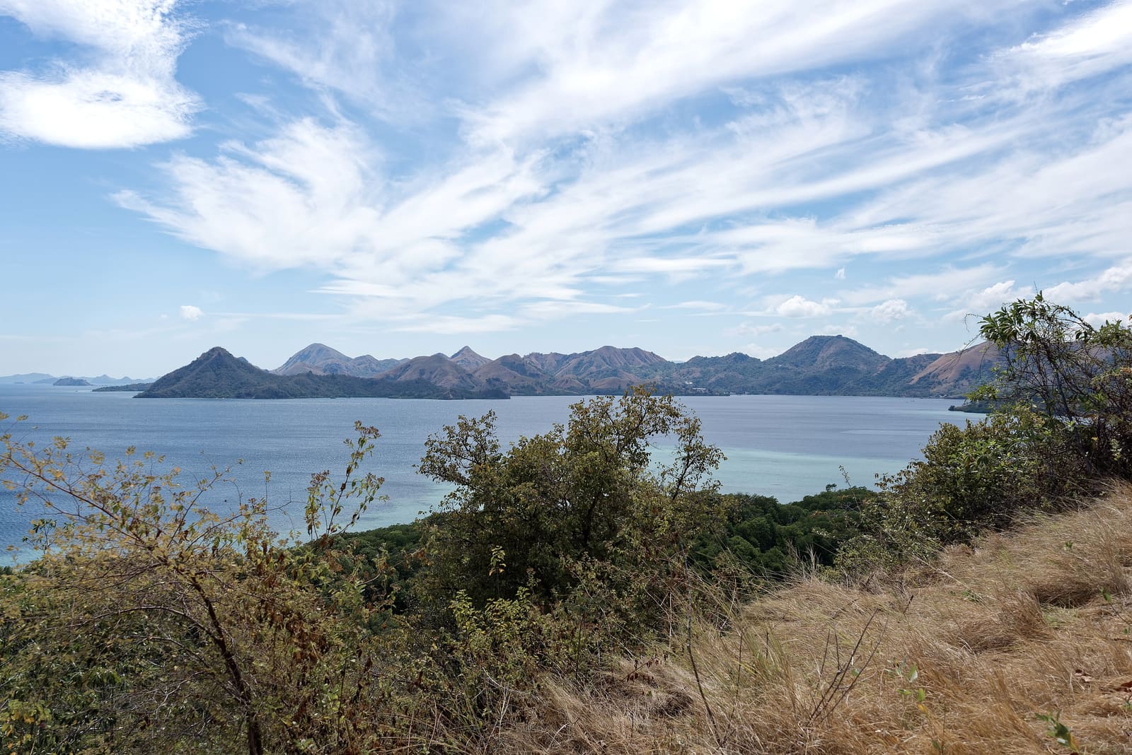 View from a hill on Rinca Island over bays and dry hills